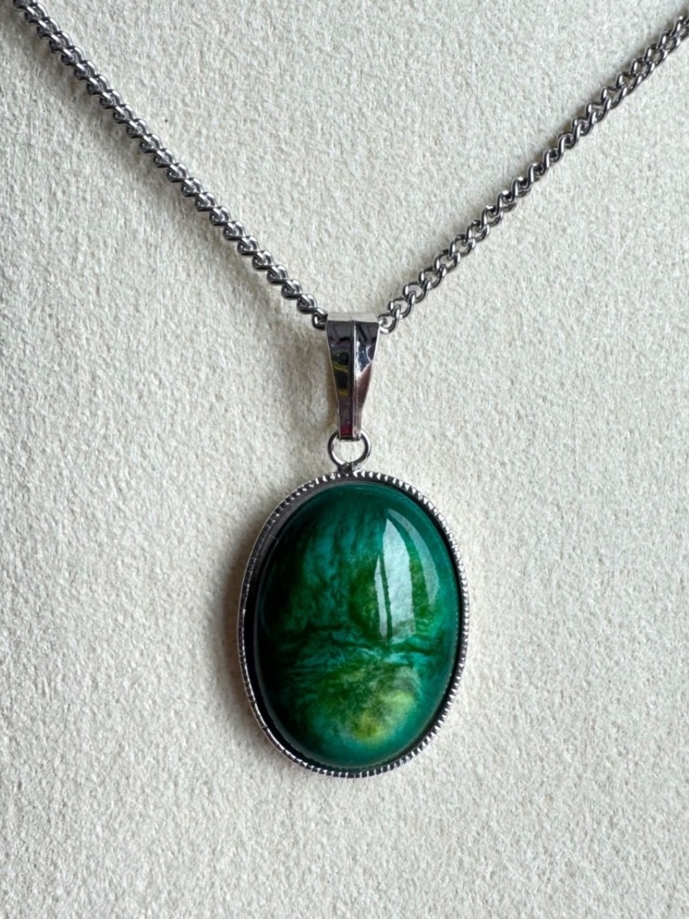 Vintage Green Cabochon Necklace Oval Ceramic Pendant Charm Petite Silver Tone